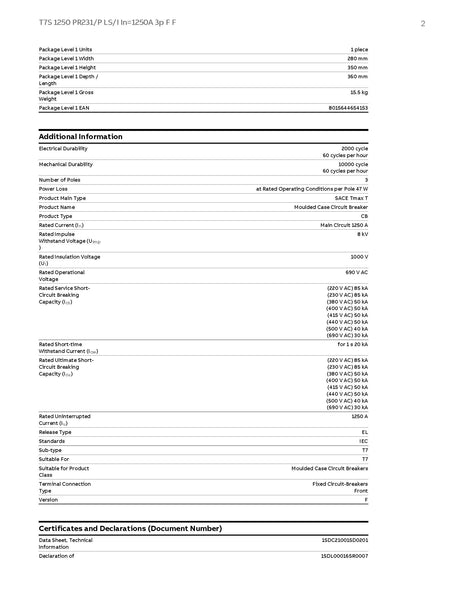 ABB MCCB 1250A 3P T7H 50KA @220V/240V Model# 1SDA062866R1