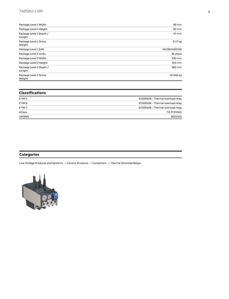 ABB TA25DU-1.0M Thermal Overload Relays Model# 1SAZ211201R2021