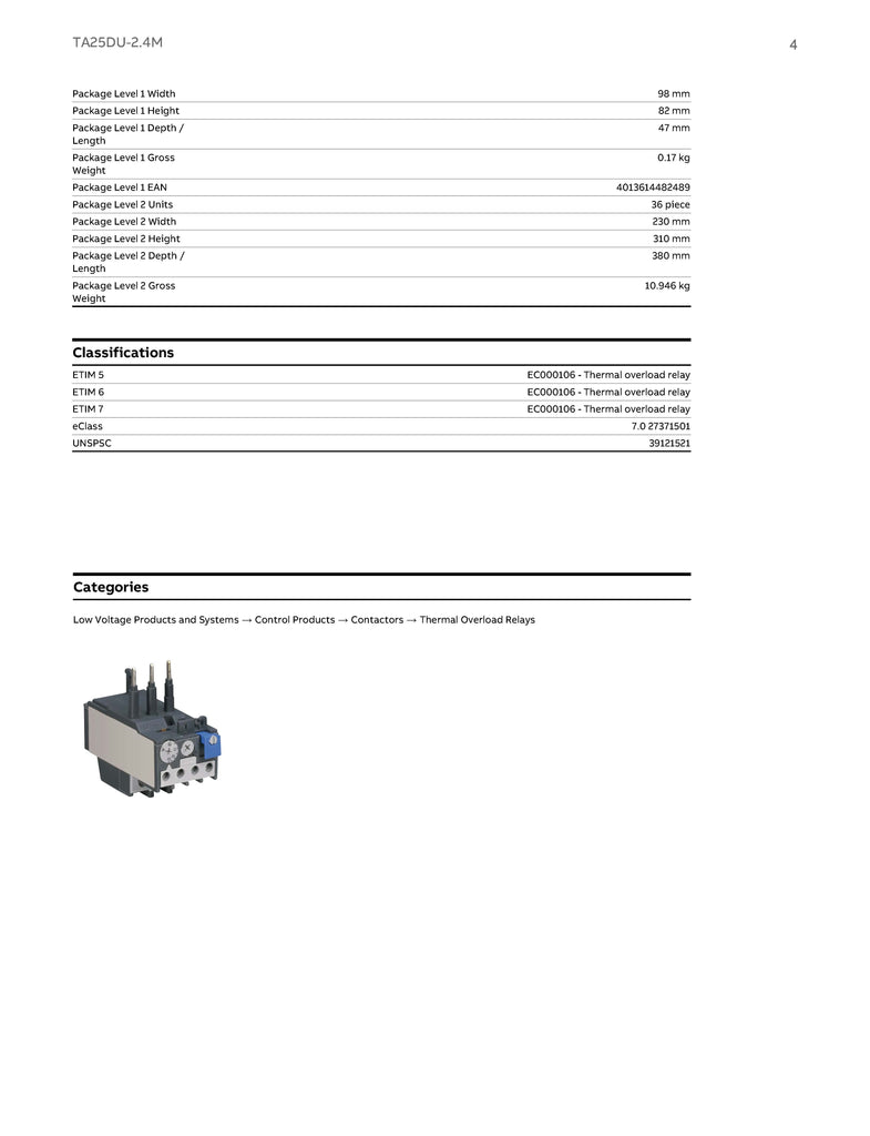 ABB TA25DU 2 4M Thermal Overload Relays Model 1SAZ211201R2028 Zenith abb-ta25du-2-4m-thermal-overload-relays-model-1saz211201r2028-zenith