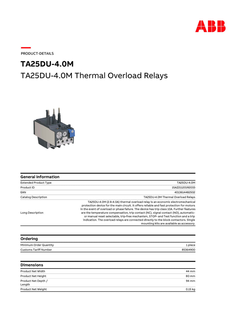 ABB TA25DU4.0 RELÉ, SOBRECARGA, 2.8 - 4.0 ABB TA25DU4.0 RELÉ, SOBRECARGA, 2.8 - 4.0