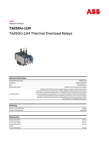 ABB TA25DU-11M  Thermal Overload Relays Model# 1SAZ211201R2043