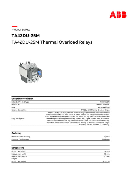 ABB TA42DU-25M Thermal Overload Relays Model# 1SAZ311201R2001