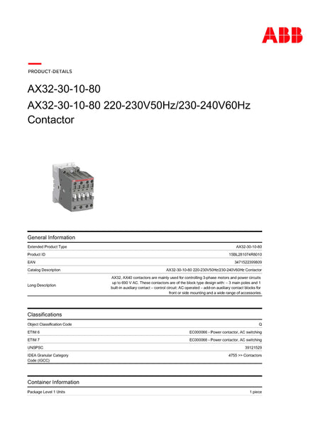 ABB AX32-30-10-80 Magnetic Contactor Model# 1SBL281074R8010
