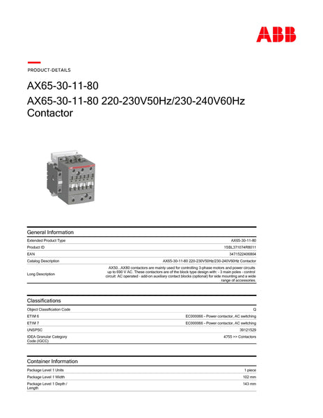 ABB AX65-30-11-80 Block Contactor 1SBL371074R8011