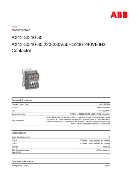 ABB AX12-30-10-80 Magnetic Contactor Model# 1SBL911074R8010