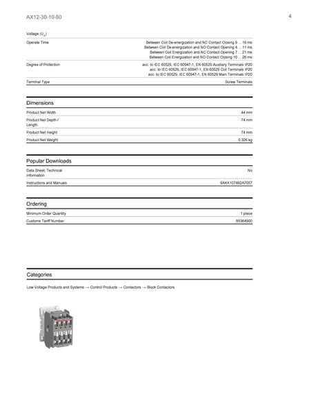 ABB AX12-30-10-80 Magnetic Contactor Model# 1SBL911074R8010