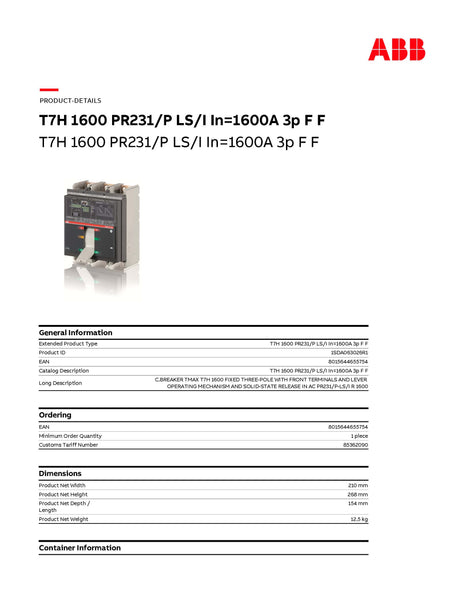 ABB MCCB 1600A 3P T7H 70KA @220V/240V Model# 1SDA063026R1