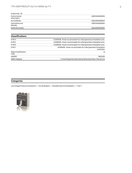 ABB MCCB 1600A 3P T7H 70KA @220V/240V Model# 1SDA063026R1