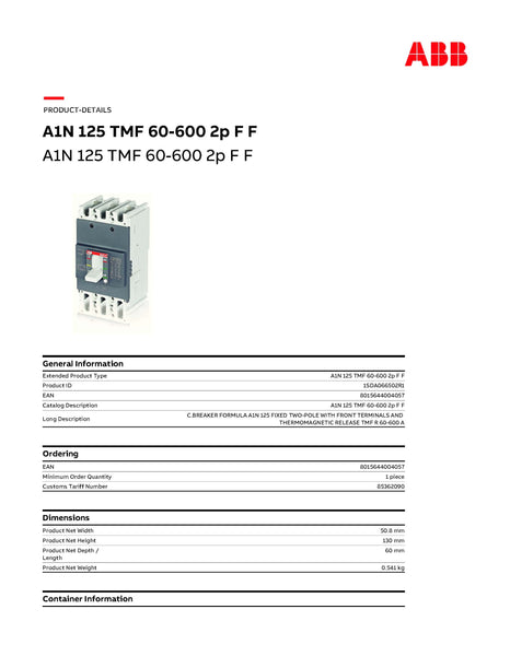 ABB MCCB 60A 2P A1N 36KA @ 380V Model# 1SDA066502R1