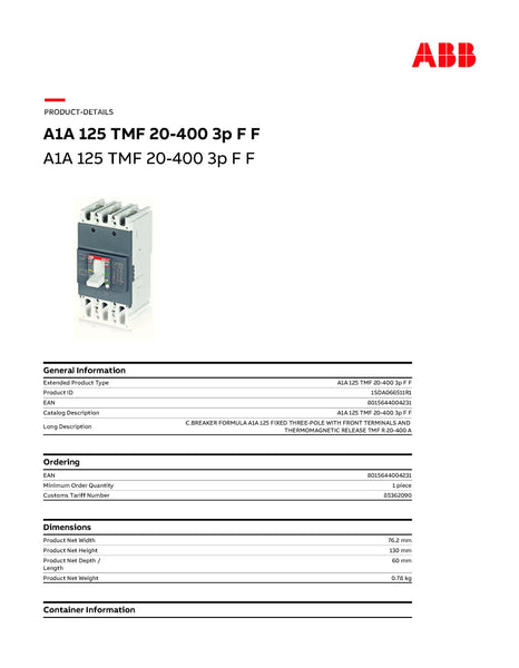 ABB MCCB 20A 3P A1A 10KA @ 240V Model# 1SDA066511R1