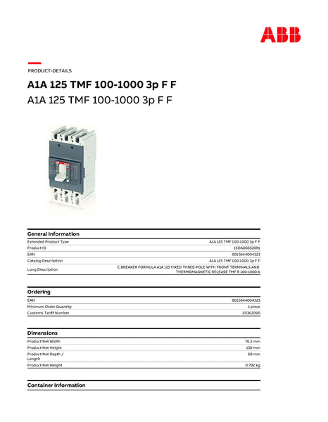 ABB MCCB 100A 3P A1A 10KA @ 240V Model# 1SDA066520R1