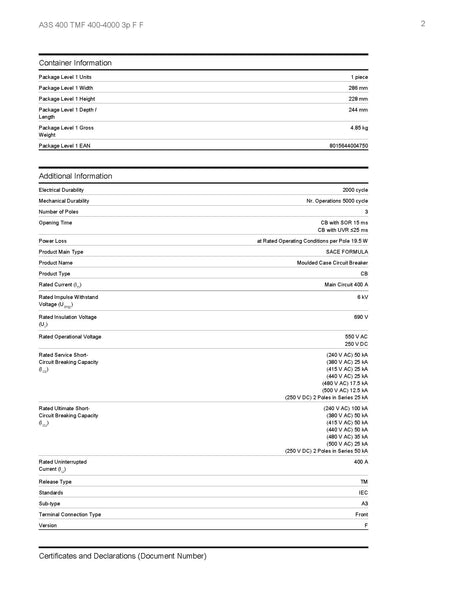 ABB MCCB 400A 3P A3S 100/50KA @220V/240V Model# 1SDA066563R1