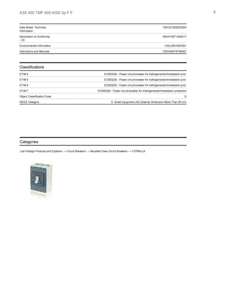 ABB MCCB 400A 3P A3S 100/50KA @220V/240V Model# 1SDA066563R1