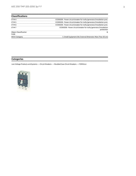 ABB MCCB 225A 3P A2C 25KA @ 380V Model# 1SDA066779R1