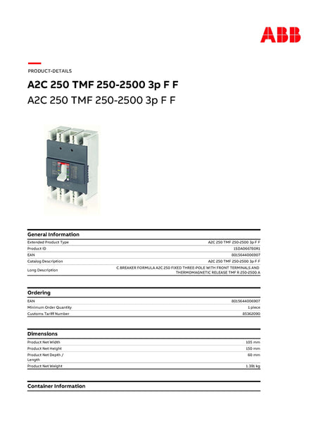 ABB MCCB 250A 3P A2C 25KA @ 380V Model# 1SDA066780R1