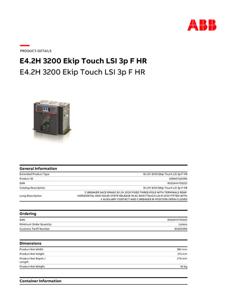 ABB ACB 3200A 3P E4.2H32 LSI 100KA@240/440V Model# 1SDA071165R1