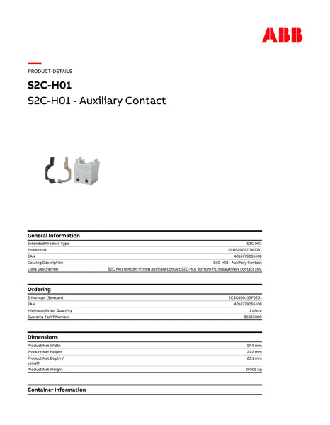 ABB Auxiliary Contact Model# S2C-H01