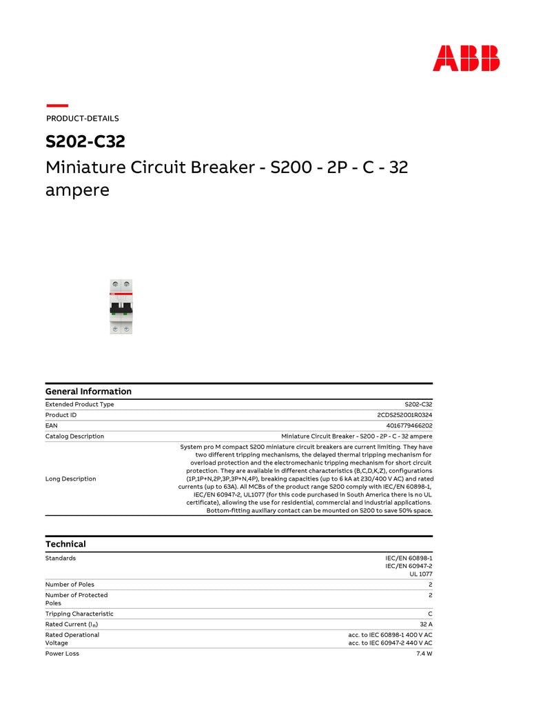 ABB Magneetschakelaar 4P 32A – C-karakteristiek, 6/10kA, S204-C32, Voor Industriële Installaties