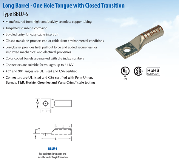 Penn Union Copper Compression Lug – Long Barrel, One Hole 4/0 AWG Model# BBLU-4/0S