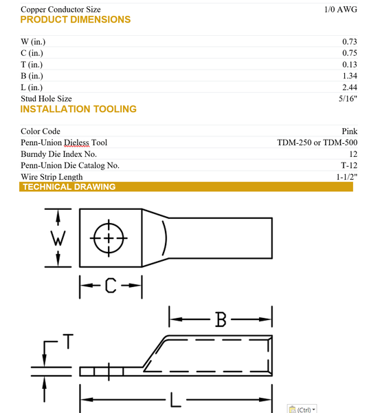 Penn Union Copper Compression Lug – Long Barrel, One Hole 1/0 AWG Model# BBLU-1/0S