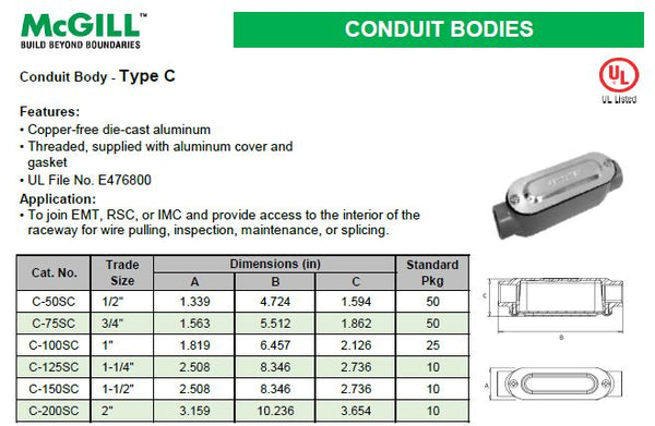 McGill Conduit Body Type C Threaded 1-1/4" Model# C-125SC