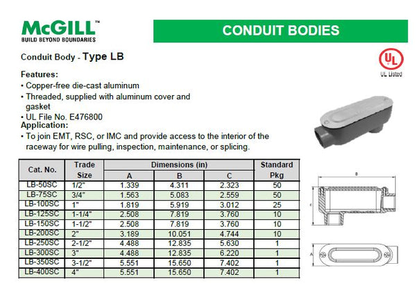 McGill Conduit Body Type LB Threaded 1-1/4" Model# LB-125SC