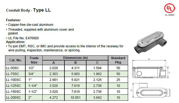 McGill Conduit Body Type LL Threaded 1/2" Model# LL-50SC