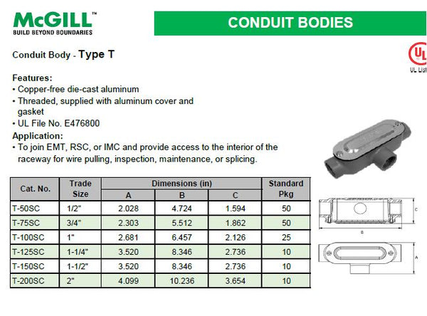 McGill Conduit Body Type T Threaded 3/4" Model# T-75SC
