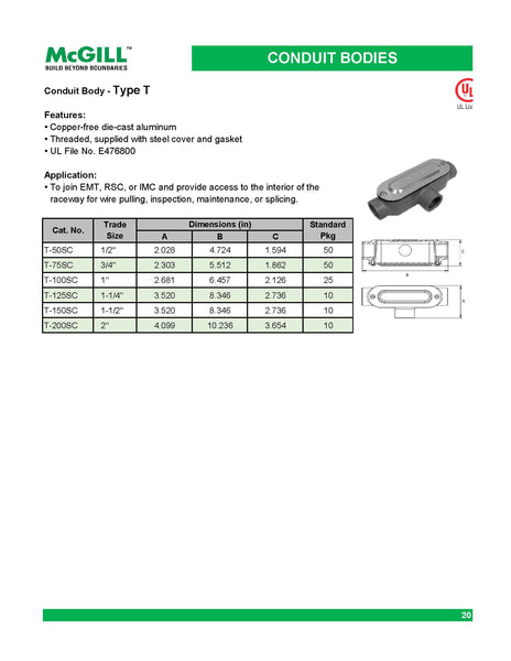 McGill Conduit Body Type T Threaded 1-1/2" Model# T-150SC