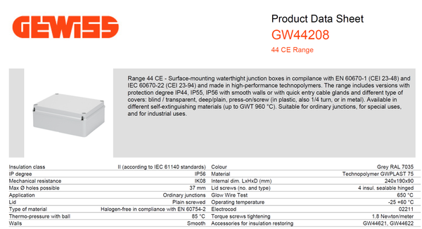 GEWISS Electrical Junction Box 240X190X90 IP56 Model# GW 44 208