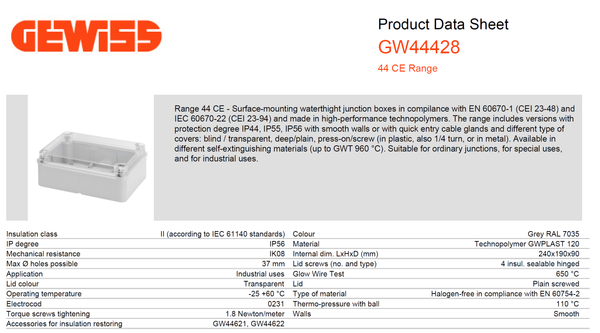 GEWISS Electrical Junction Box Transparent Clear Lid 240X190X90 IP56 Model# GW 44 428
