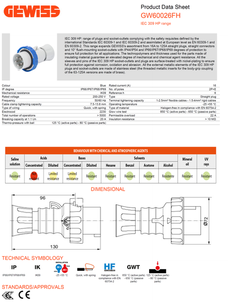 Gewiss Industrial Plug Straight Plug HP IP66/IP67/IP68/IP69 - 2P+E 16A 200-250V 50/60 Model# GW 60 026FH