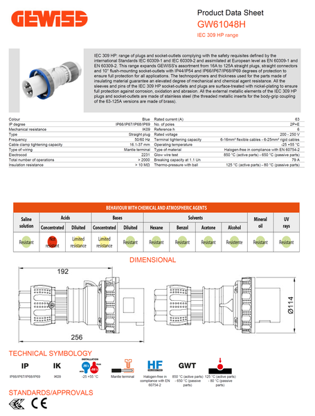Gewiss Industrial Straight Plug HP - IP66/IP67/IP68/IP69 - 2P+E 63A 200-250V 50/60HZ -Model# GW 61 048H