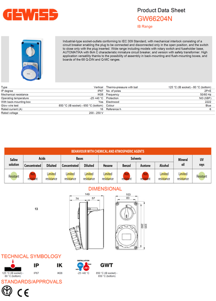 Gewiss Vertical Interlocked Socket Outlet with Bottom 2P+E 16A 200-250V 50/60HZ 6H - IP67 Model# GW 66 204N