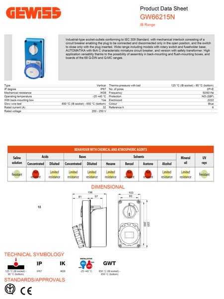 Gewiss Vertical Interlocked Socket Outlet with Bottom 2P+E 32A 200-250V - 50/60HZ 6H - IP67 Model# GW 66 215N