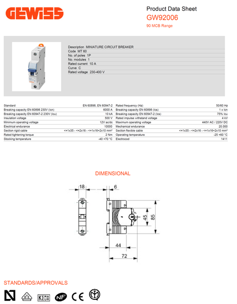 Gewiss Miniature Circuit Breaker (MCB) C-10A 1P 6/10KAIC, 1M Model# GW 92 006