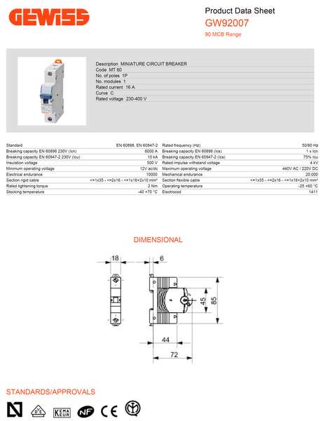 Gewiss Miniature Circuit Breaker (MCB) C-16A 1P 6/10KAIC, 1M Model# GW 92 007