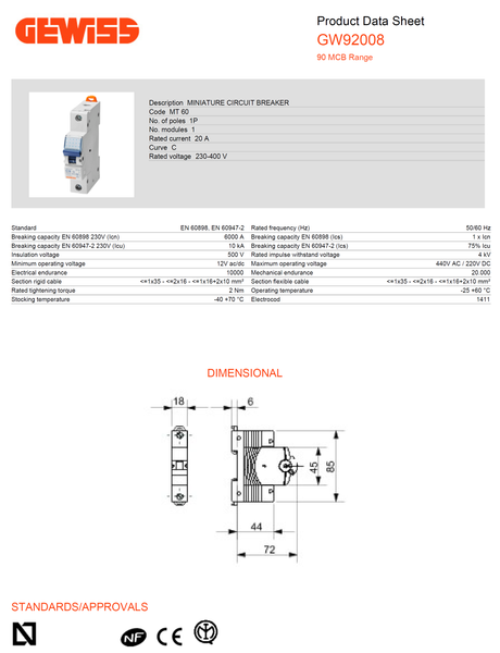 Gewiss Miniature Circuit Breaker (MCB) C-20A 1P 6/10KAIC, 1M Model# GW 92 008