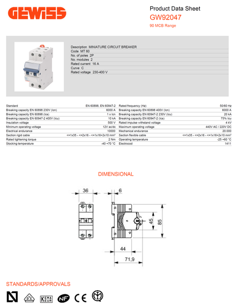Gewiss Miniature Circuit Breaker (MCB) C-16A 2P 6/10KAIC, 2M Model# GW 92 047