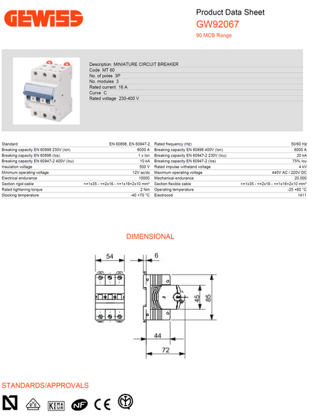 Gewiss Miniature Circuit Breaker (MCB) C-16A 3P 6/10KAIC, 3M Model# GW 92 067