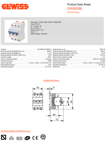 Gewiss Miniature Circuit Breaker (MCB)  C-20A 3P 6/10KAIC, 3M Model# GW 92 068