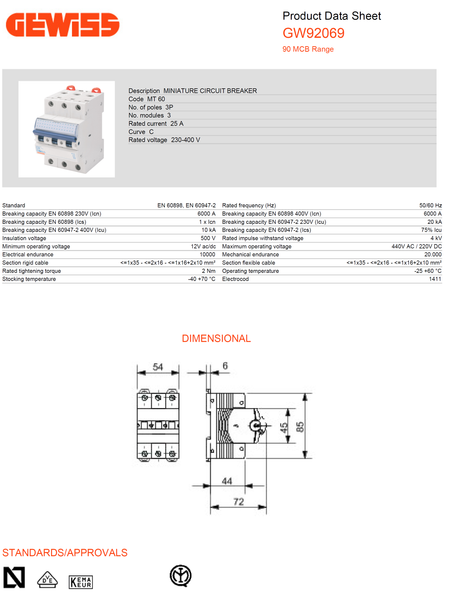 Gewiss Miniature Circuit Breaker (MCB) C-25A 3P 6/10KAIC, 3M Model# GW 92 069