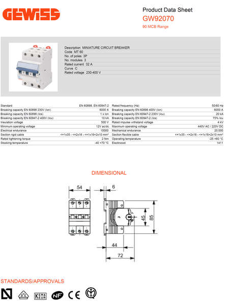 Gewiss Miniature Circuit Breaker (MCB) C-32A 3P 6/10KAIC, 3M Model# GW 92 070