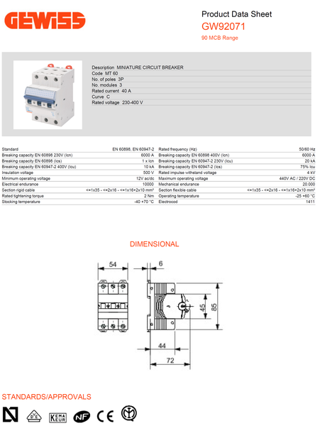 Gewiss Miniature Circuit Breaker (MCB) C-40A 3P 6/10KAIC, 3M Model# GW 92 071