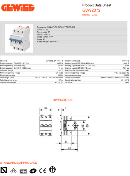 Gewiss Miniature Circuit Breaker (MCB) C-50A 3P 6/10KAIC, 3M Model# GW 92 072