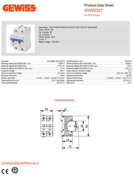Gewiss Miniature Circuit Breaker (MCB)  C-80A 2P 10/16KAIC 3M Model# GW93327