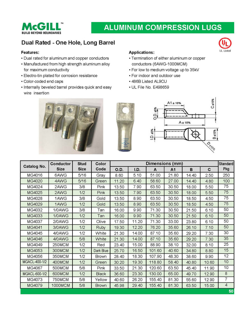 McGill Aluminum Compression Lugs Long Barrel (1-Hole) 250MCM 1/2