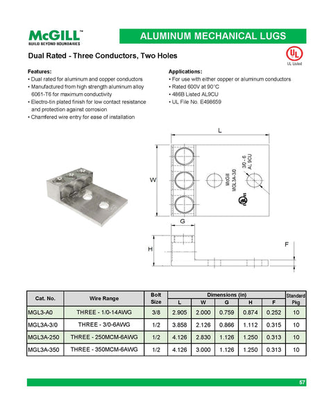 McGill Aluminum Mechanical Lugs - Three - 3/0-6AWG 1/2 Bolt (2-Hole) AL9CU Model# MGL3A-3/0