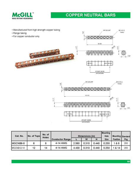McGill Copper Neutral Bar - 4.43 X .31 X .44, 12 Circuits, 14 Holes, Mounting Hole Position 1 and 14 Model# MGCNB12-14