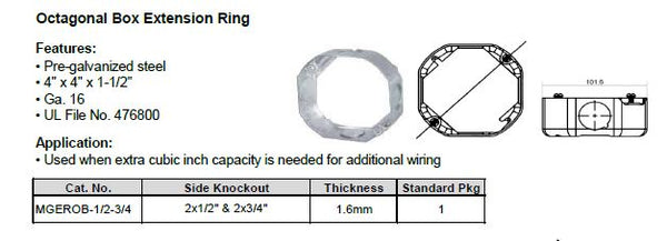 McGill Extension Ring 4"x4" Octagon x 1-1/2 Deep, 2-1/2" & 2-3/4" KO Model# MGEROB-1/2-3/4